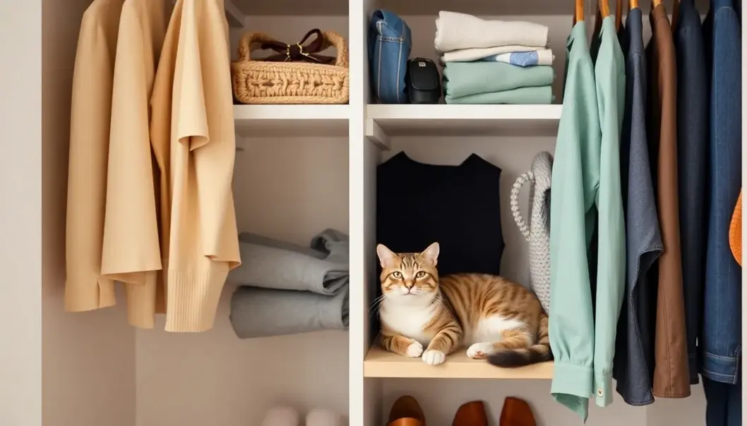 Neatly organized closet with a selection of pet-friendly clothing and a lounging cat.