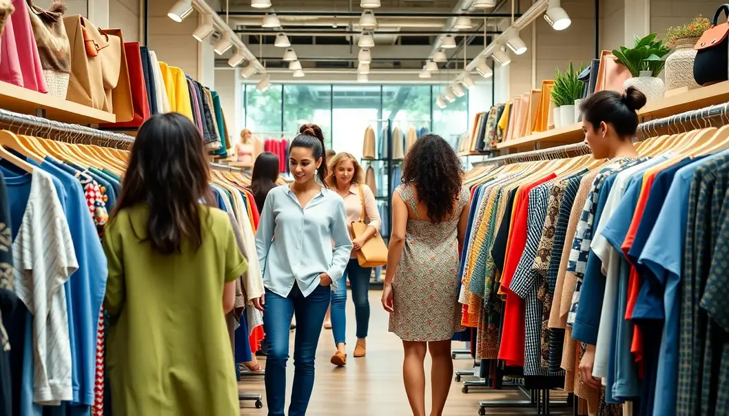 An eco-friendly fashion store with shoppers browsing sustainable clothing.