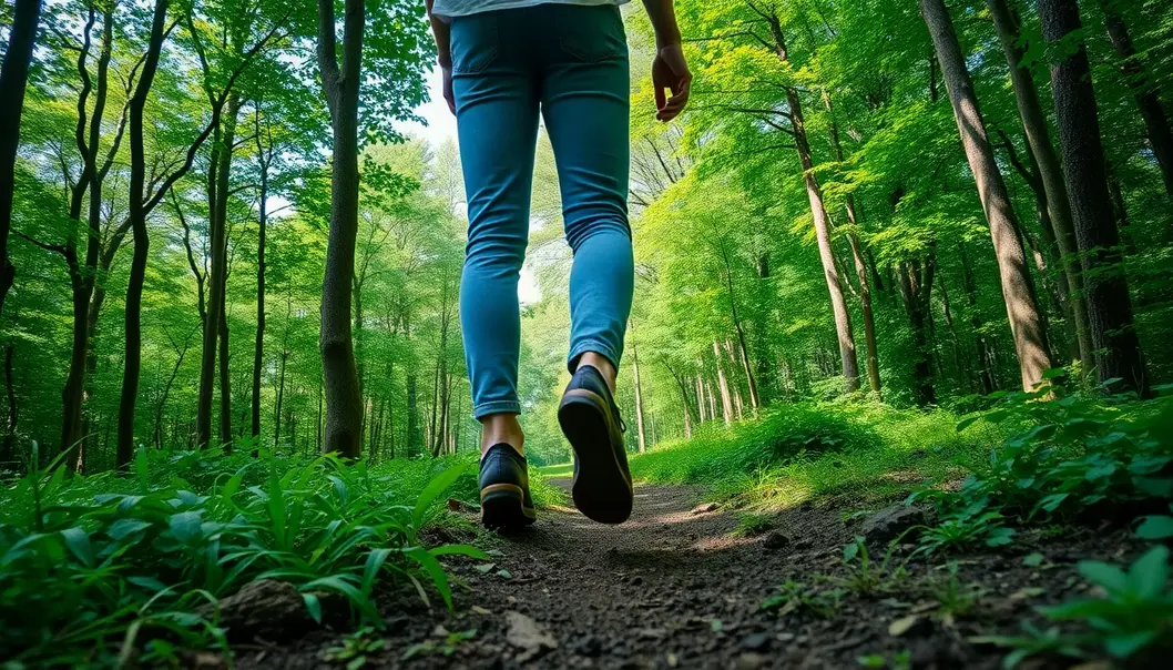 A traveler in an outdoor setting walking through a lush forest wearing eco-friendly shoes.