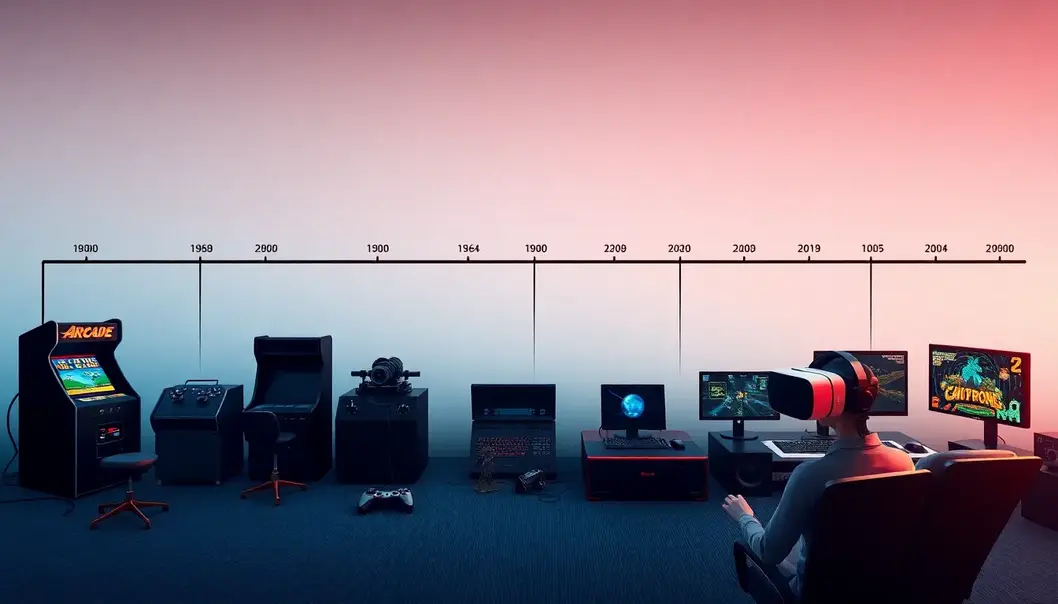 A visual journey through the evolution of video games, highlighting key milestones from retro arcades to modern VR experiences.