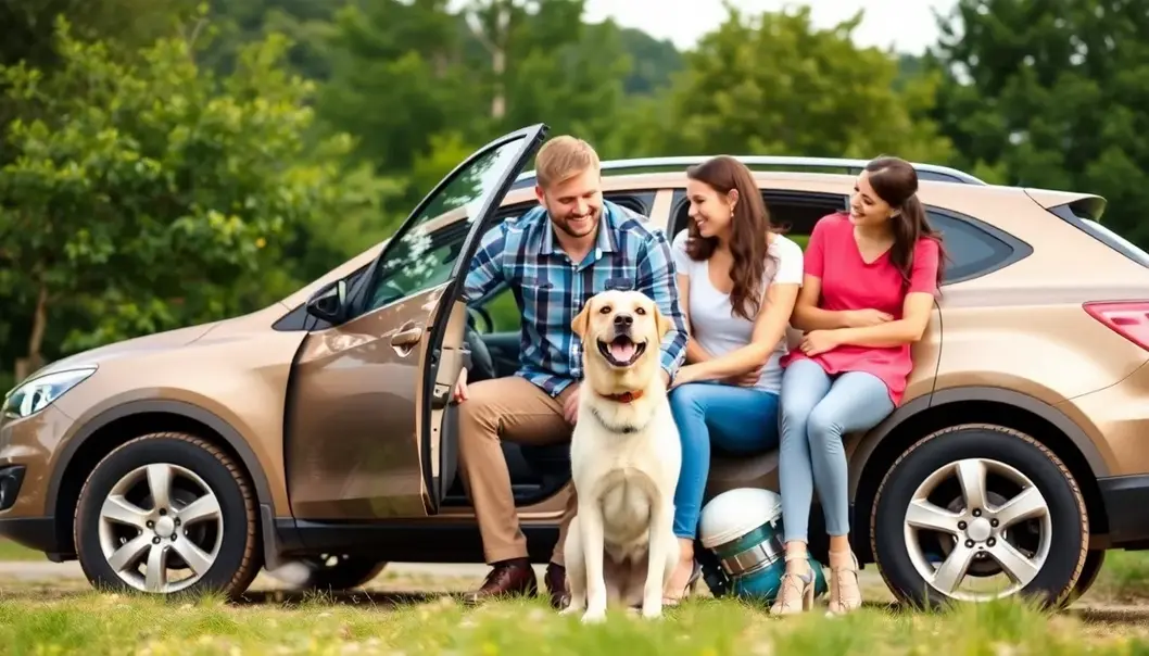 Family with their dog next to a car, highlighting the bond between them and their pet on a scenic backdrop.