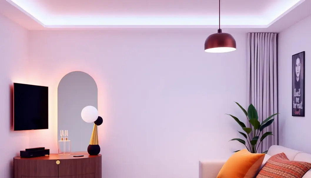A fashionable home interior featuring smart technology, including a smart mirror and automated lighting.