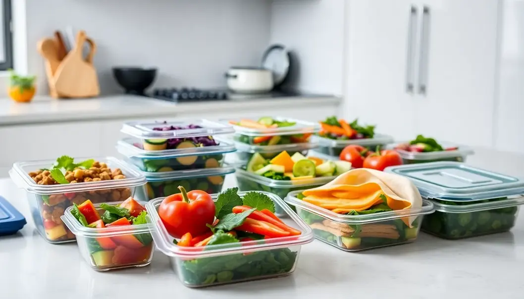 Image showing a kitchen counter with a variety of packed lunch containers containing salads, sandwiches, and wraps.