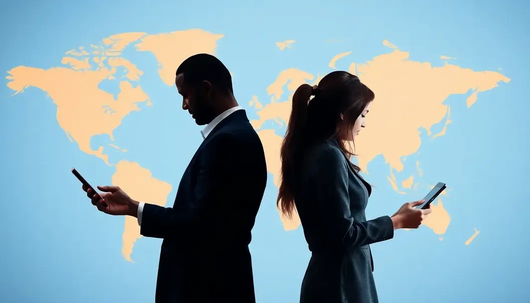 A split scene of professionals in different time zones connecting.