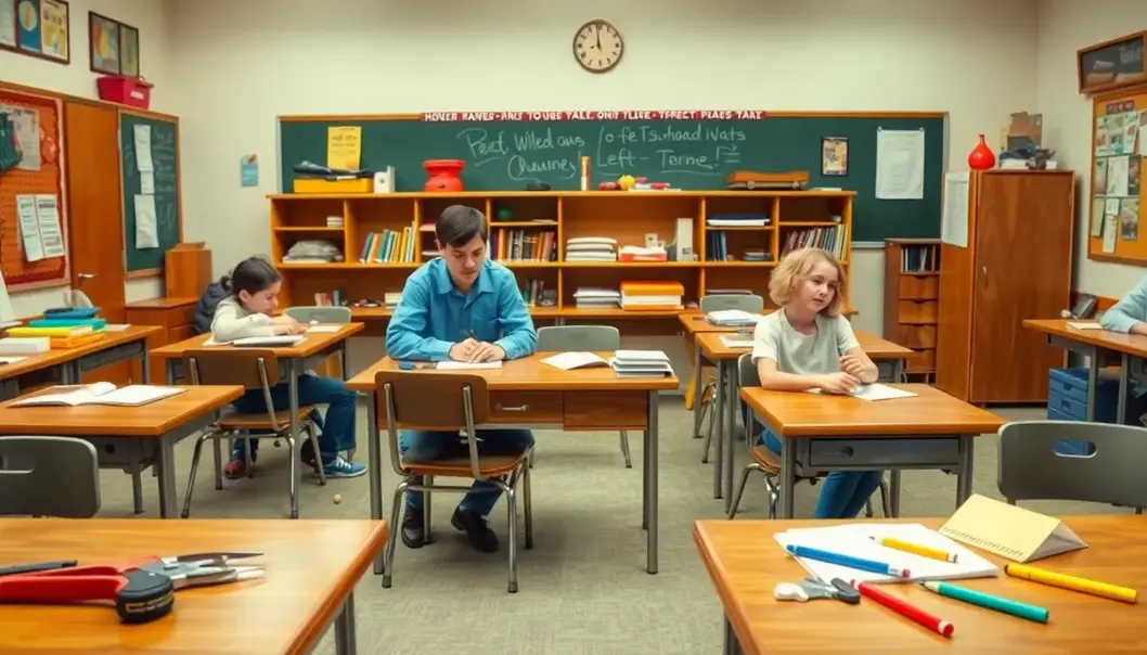 A left-handed person dealing with right-handed tools in a classroom.