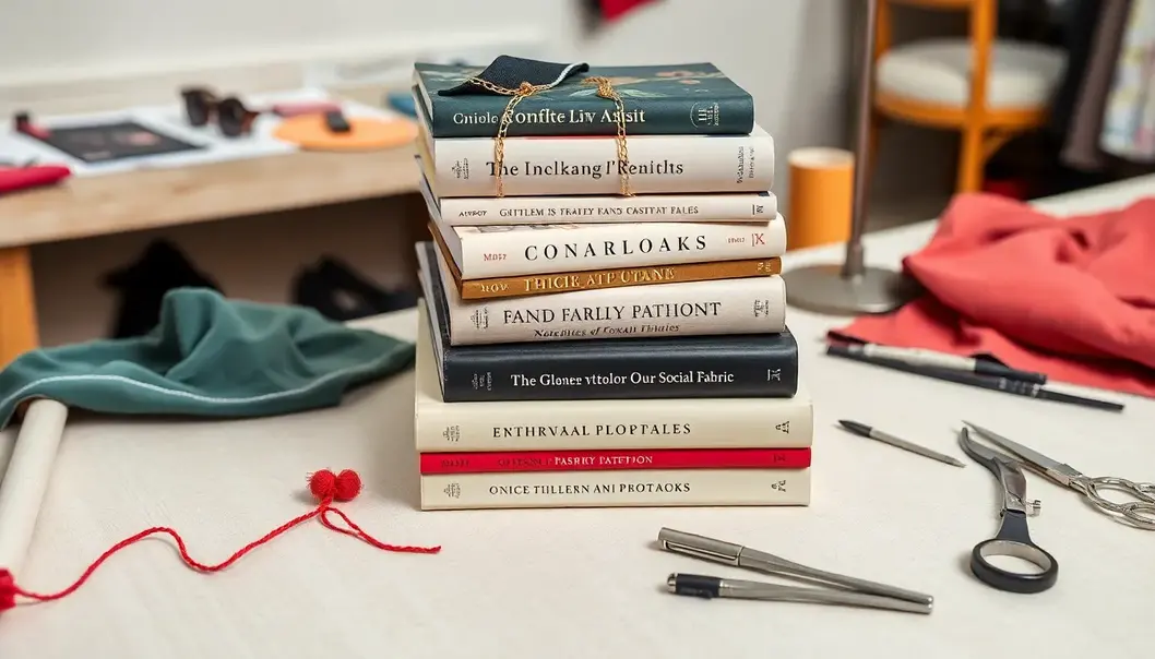 Stack of books on a cutting table with fabric and fashion-related tools.