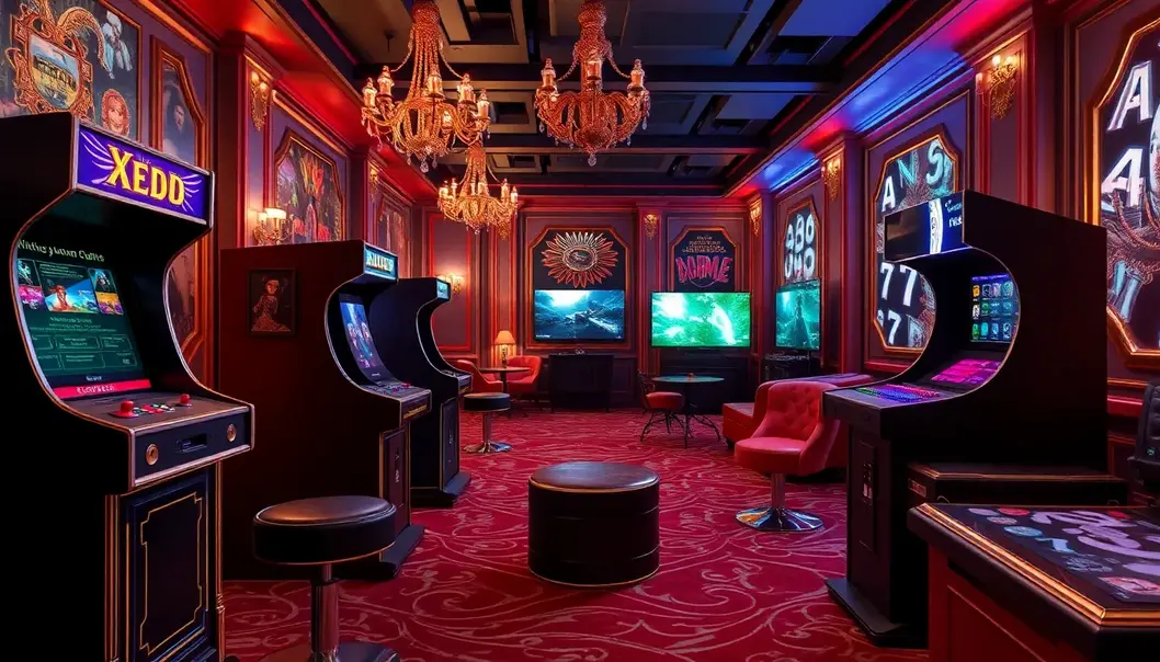 Blend of retro and modern gaming elements in a luxurious environment, representing the evolution of video games.