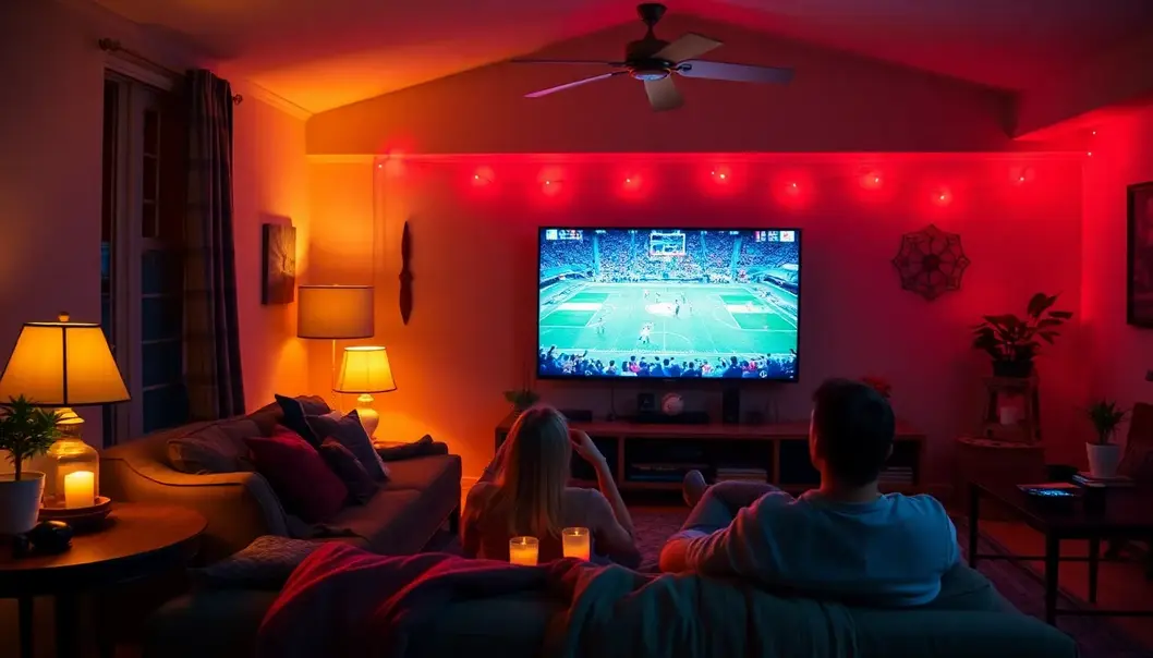 A cozy home setting with sports-themed decor and a sports game on TV, evoking a romantic and sporty atmosphere.