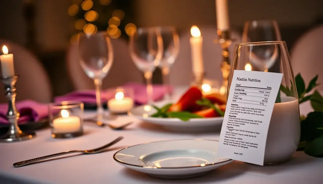 Elegant table setting with a close-up of a food label under soft candlelight.