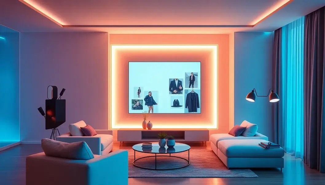 A smart mirror offering fashion advice, gracing a trendy living room with adaptive lighting.